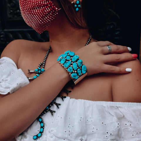 Image of Native American Bracelet - Navajo Large Sleeping Beauty Turquoise Multi-Stone Cluster Cuff Bracelet - Native American