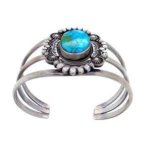Native American Bracelet - Navajo Large Sonoran Gold Turquoise Embellished Sterling Silver Cuff Bracelet - D. Clark - Native American