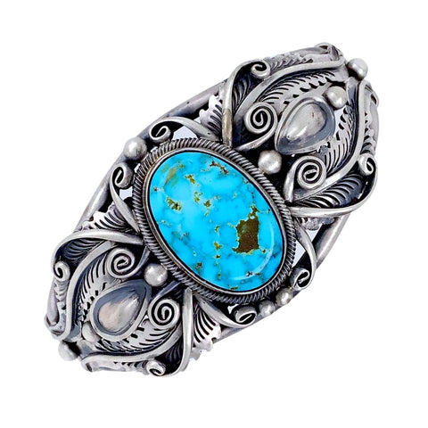 Image of Native American Bracelet - Navajo Large Stone Kingman Turquoise Embellished Sterling Silver Cuff Bracelet - Mark Yazzie - Native American