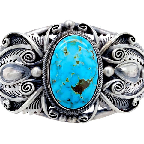 Image of Native American Bracelet - Navajo Large Stone Kingman Turquoise Embellished Sterling Silver Cuff Bracelet - Mark Yazzie - Native American