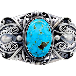 Native American Bracelet - Navajo Large Stone Kingman Turquoise Embellished Sterling Silver Cuff Bracelet - Mark Yazzie - Native American