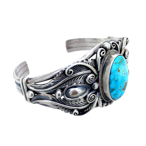 Image of Native American Bracelet - Navajo Large Stone Kingman Turquoise Embellished Sterling Silver Cuff Bracelet - Mark Yazzie - Native American