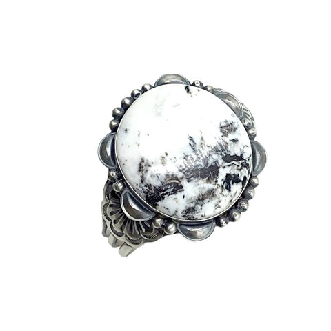Image of Native American Bracelet - Navajo Large White Buffalo Circle Stone Scalloped Border Sterling Silver Cuff Bracelet - Mary Ann Spencer - Native American