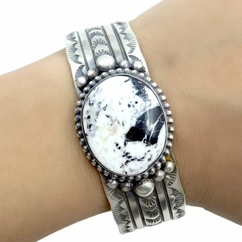 Image of Native American Bracelet - Navajo Large White Buffalo Stone Stamped Heavy-Gauge Sterling Silver Cuff Bracelet - Rick Enriquez - Native American