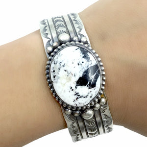 Native American Bracelet - Navajo Large White Buffalo Stone Stamped Heavy-Gauge Sterling Silver Cuff Bracelet - Rick Enriquez - Native American