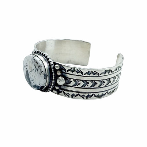 Image of Native American Bracelet - Navajo Large White Buffalo Stone Stamped Heavy-Gauge Sterling Silver Cuff Bracelet - Rick Enriquez - Native American