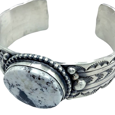 Image of Native American Bracelet - Navajo Large White Buffalo Stone Stamped Heavy-Gauge Sterling Silver Cuff Bracelet - Rick Enriquez - Native American