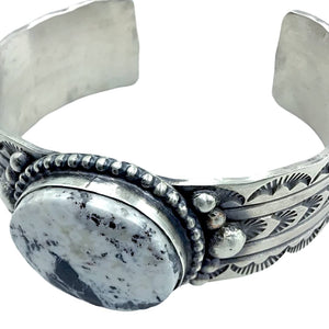 Native American Bracelet - Navajo Large White Buffalo Stone Stamped Heavy-Gauge Sterling Silver Cuff Bracelet - Rick Enriquez - Native American