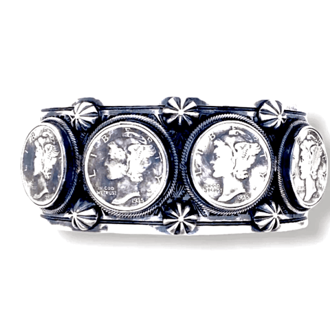 Image of Native American Bracelet - Navajo Liberty Dime Cuff Bracelet With 1930s And 1940s Dimes  - Paul Livingston