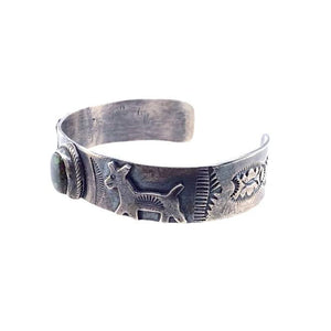 Native American Bracelet - Navajo Old Pawn Green Turquoise Sterling Silver Stamped Animals Cuff Bracelet - Native American