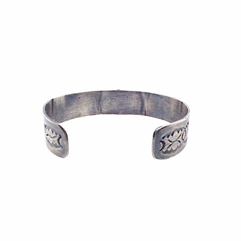 Image of Native American Bracelet - Navajo Old Pawn Green Turquoise Sterling Silver Stamped Animals Cuff Bracelet - Native American