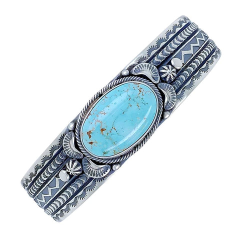 Image of Native American Bracelet - Navajo Oval Dry Creek Turquoise Hand-Stamped Sterling Silver Cuff Bracelet- Native American