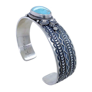 Native American Bracelet - Navajo Oval Dry Creek Turquoise Hand-Stamped Sterling Silver Cuff Bracelet- Native American