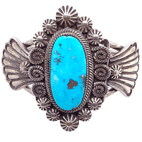 Image of Native American Bracelet - Navajo Oval Embellished Turquoise Pawn Bracelet Kingman Turquoise