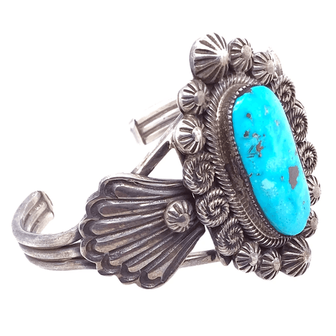 Image of Native American Bracelet - Navajo Oval Embellished Turquoise Pawn Bracelet Kingman Turquoise