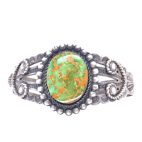 Image of Native American Bracelet - Navajo Oval Green Turquoise Embellished Silver Pawn Bracelet