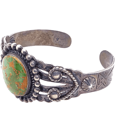 Image of Native American Bracelet - Navajo Oval Green Turquoise Embellished Silver Pawn Bracelet