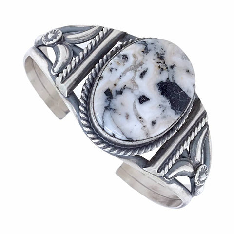Image of Native American Bracelet - Navajo Oval White Buffalo Stone Twist-Wire Sterling Silver Bracelet - Samson Edsitty - Native American