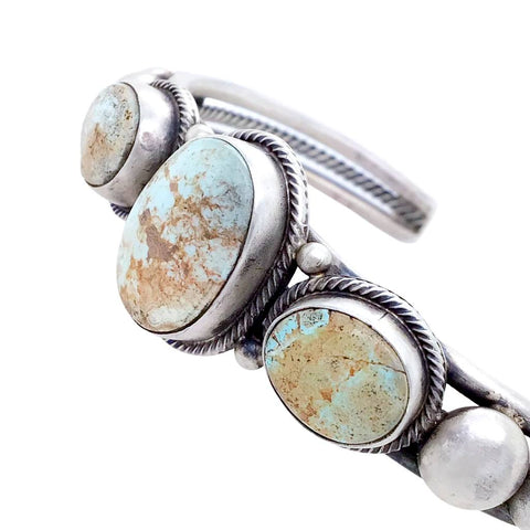 Image of Native American Bracelet - Navajo Pale Dry Creek Turquoise Row Sterling Silver Drop Cuff Bracelet - Native American