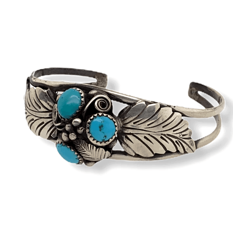 Image of Native American Bracelet - Navajo Pawn 3 Stone Turquoise Leaf Bracelet