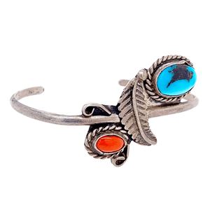 Native American Bracelet - Navajo Pawn Leaf Embellishment Coral And Turquoise Bracelet