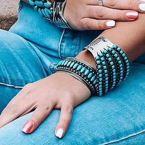 Native American Bracelet - Navajo Pawn Sleeping Beauty Turquoise Stamped Sterling Silver Bracelet - D. Clark - Native American