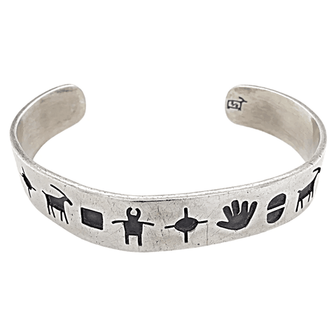 Image of Native American Bracelet - Navajo Pawn Stamped Petroglyph Symbols Silver Bracelet