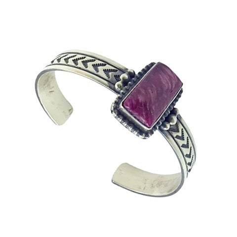 Image of Native American Bracelet - Navajo Purple Spiny Oyster Stamped Heavy-Gauge Sterling Silver Cuff Bracelet - Rick Enriquez - Native American