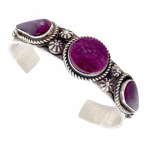 Image of Native American Bracelet - Navajo Purple Spiny Oyster Triple Stone Heavy-Gauge Sterling Silver Cuff Bracelet - Rick Enriquez - Native American