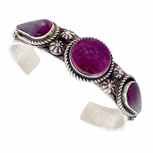 Native American Bracelet - Navajo Purple Spiny Oyster Triple Stone Heavy-Gauge Sterling Silver Cuff Bracelet - Rick Enriquez - Native American