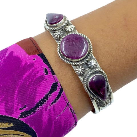 Image of Native American Bracelet - Navajo Purple Spiny Oyster Triple Stone Heavy-Gauge Sterling Silver Cuff Bracelet - Rick Enriquez - Native American