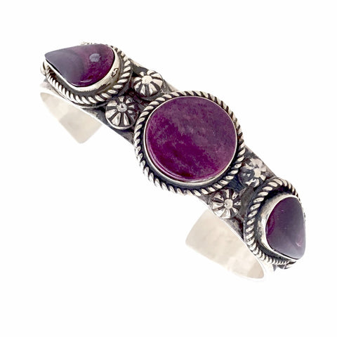 Image of Native American Bracelet - Navajo Purple Spiny Oyster Triple Stone Heavy-Gauge Sterling Silver Cuff Bracelet - Rick Enriquez - Native American