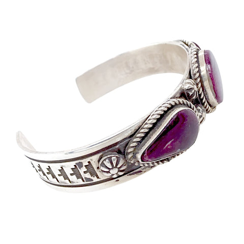 Image of Native American Bracelet - Navajo Purple Spiny Oyster Triple Stone Heavy-Gauge Sterling Silver Cuff Bracelet - Rick Enriquez - Native American