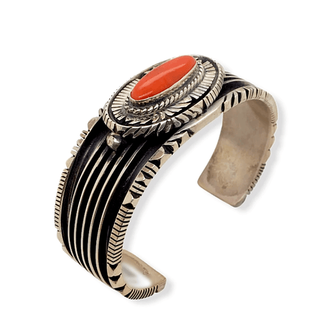 Image of Native American Bracelet - Navajo Raised Setting Coral And Sterling Silver Bracelet