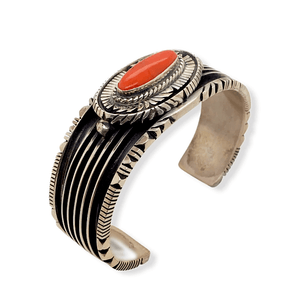 Native American Bracelet - Navajo Raised Setting Coral And Sterling Silver Bracelet