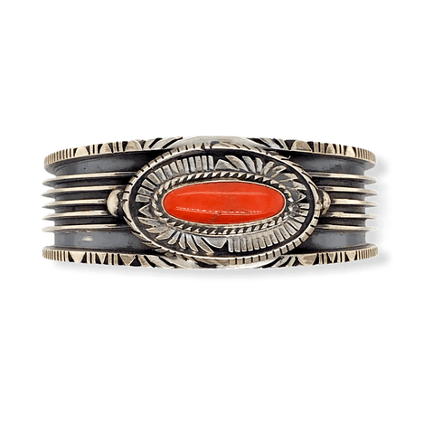Image of Native American Bracelet - Navajo Raised Setting Coral And Sterling Silver Bracelet