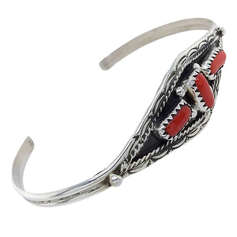 Image of Native American Bracelet - Navajo Red Coral Cluster Sterling Silver Cuff Bracelet - Esther White