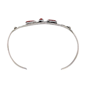 Native American Bracelet - Navajo Red Coral Cluster Sterling Silver Cuff Bracelet - Esther White