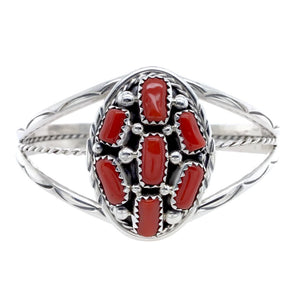 Native American Bracelet - Navajo Red Coral Cluster Sterling Silver Cuff Bracelet - M. Chee - Native American