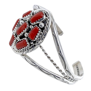 Native American Bracelet - Navajo Red Coral Cluster Sterling Silver Cuff Bracelet - M. Chee - Native American