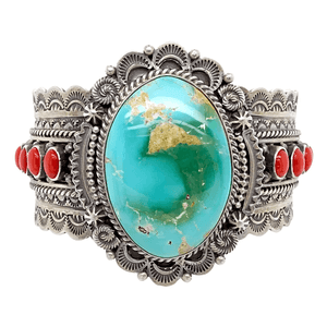 Native American Bracelet - Navajo Royston Turquoise And Coral Stamped Bracelet - Michael Calladitto
