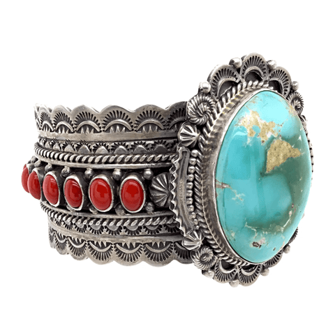 Image of Native American Bracelet - Navajo Royston Turquoise And Coral Stamped Bracelet - Michael Calladitto