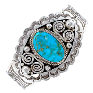 Native American Bracelet - Navajo Royston Turquoise Hand Stamped Sterling Silver Bracelet - Mary Ann Spencer