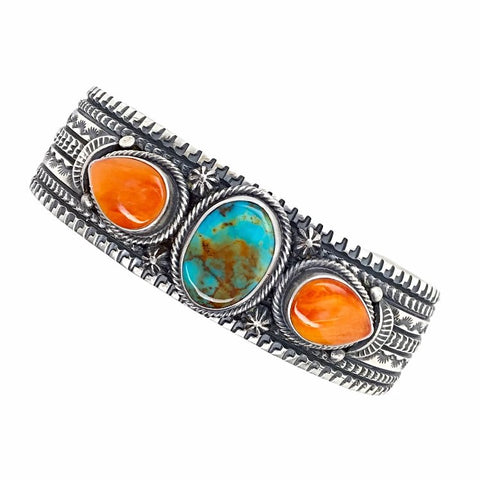 Image of Native American Bracelet - Navajo Royston Turquoise & Spiny Oyster Triple Stone Stamped Sterling Silver Cuff Bracelet - June Defarito - Native American
