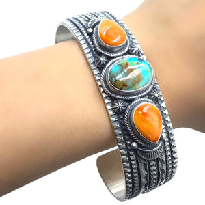 Native American Bracelet - Navajo Royston Turquoise & Spiny Oyster Triple Stone Stamped Sterling Silver Cuff Bracelet - June Defarito - Native American