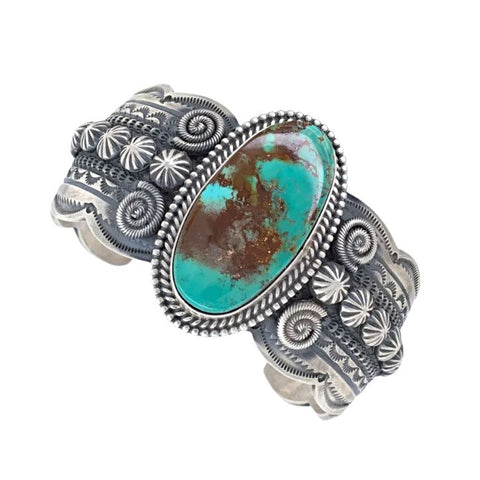 Image of Native American Bracelet - Navajo Royston Turquoise Stamped Sterling Silver Cuff Bracelet - Mike Calladitto - Native American