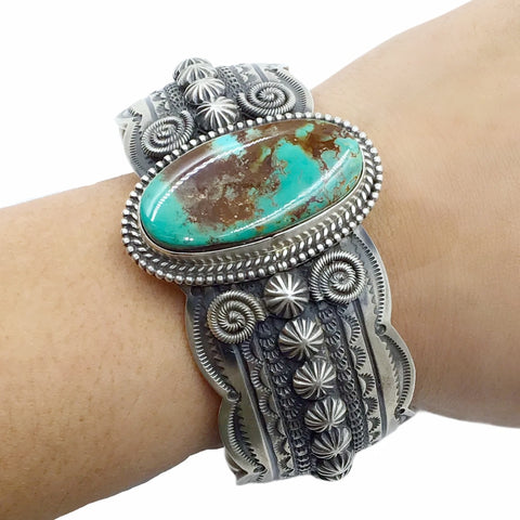Image of Native American Bracelet - Navajo Royston Turquoise Stamped Sterling Silver Cuff Bracelet - Mike Calladitto - Native American