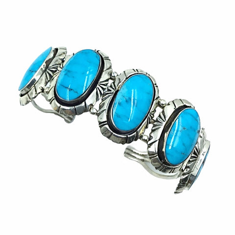 Image of Native American Bracelet - Navajo Sky Blue Turquoise 5-Stone Row Sterling Silver Cuff Bracelet - Native American