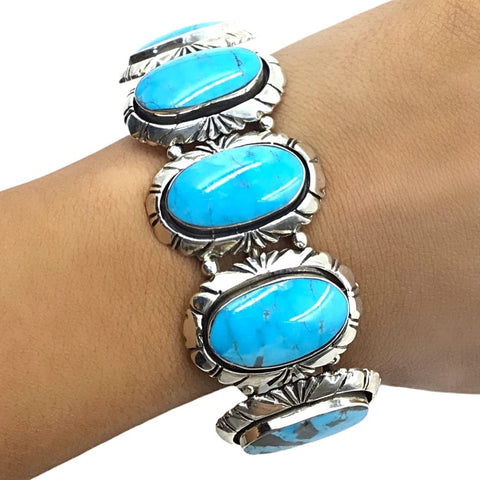 Image of Native American Bracelet - Navajo Sky Blue Turquoise 5-Stone Row Sterling Silver Cuff Bracelet - Native American