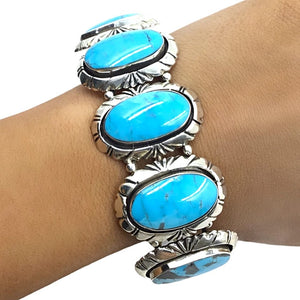 Native American Bracelet - Navajo Sky Blue Turquoise 5-Stone Row Sterling Silver Cuff Bracelet - Native American